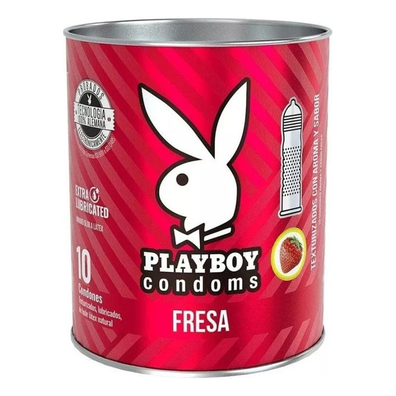 Lata De 10 Condones Playboy Texturizados Sabor Y Aroma Fresa