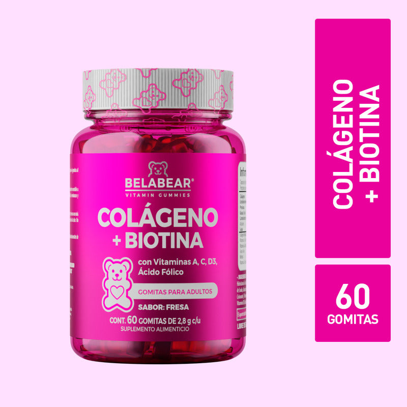 Solanum Belabear Colágeno + Biotina Vit. A, C, D3, Acido Folico 60 Gomitas Sabor Fresa