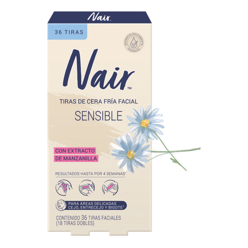 Nair Tiras De Cera Fría Facial Sensible 36 Piezas Con Extracto De Manzanilla Piel Suave Y Tersa Hasta Por 4 Semanas