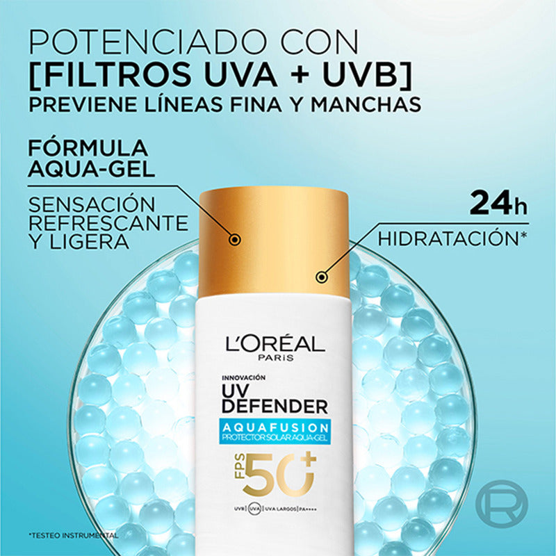 L'oréal Paris Uv Defender Aquafusion Protector Solar Diario Fps50+, Protector Solar Aqua-gel, Previene Manchas Solares Y Arrugas, Absorción Rápida En 3 Segundos, 50ml