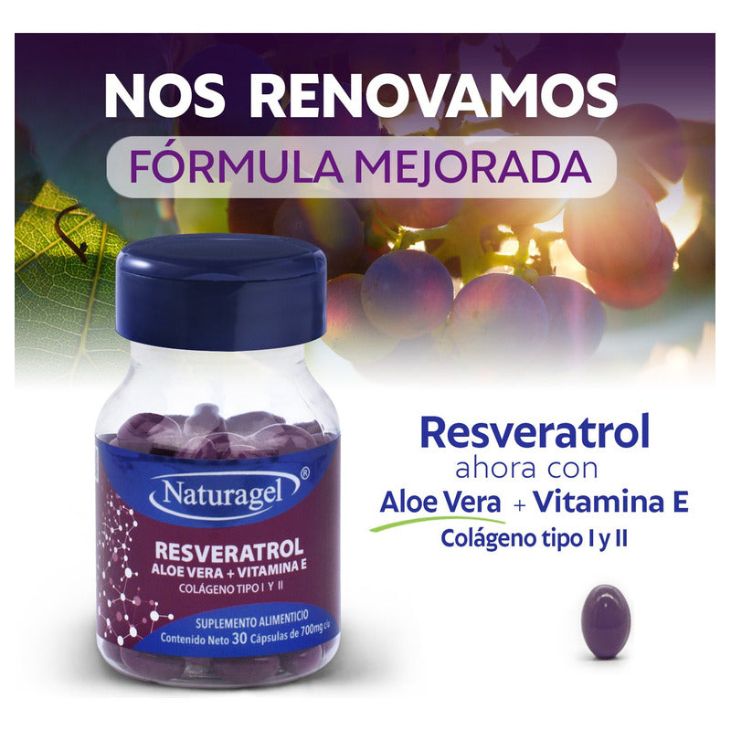 Resveratrol Aloe Vera + Vitamina E Y Colageno Tipo L Y Ll Naturagel 30 Capsulas, Suplemento Alimenticio