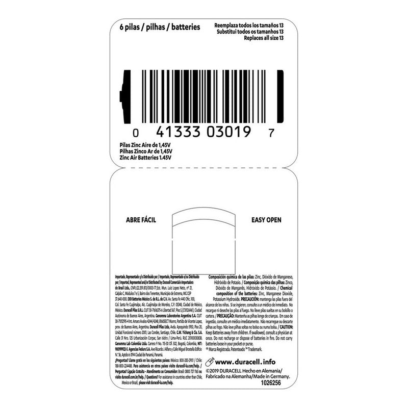 Pack X6 Pilas Auditivas Tamaño 13, Zinc-aire Duracell