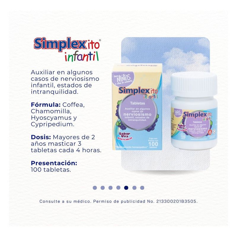 Simplexito Infantil 100 Tabletas Sabor Uva Auxiliar En Nerviosismo, Ansiedad Y Trastornos Del Sueño En Niños