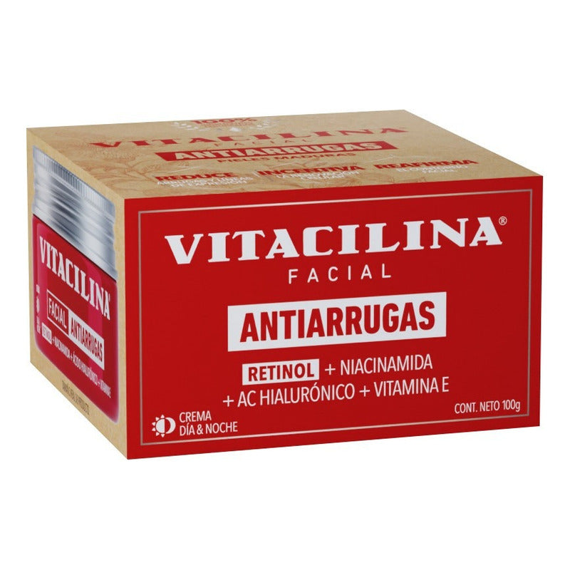 Vitacilina Crema Facial Antiarrugas Con Retinol Y Ácido Hialurónico, Uso Día Y Noche, 100g, Todo Tipo De Piel