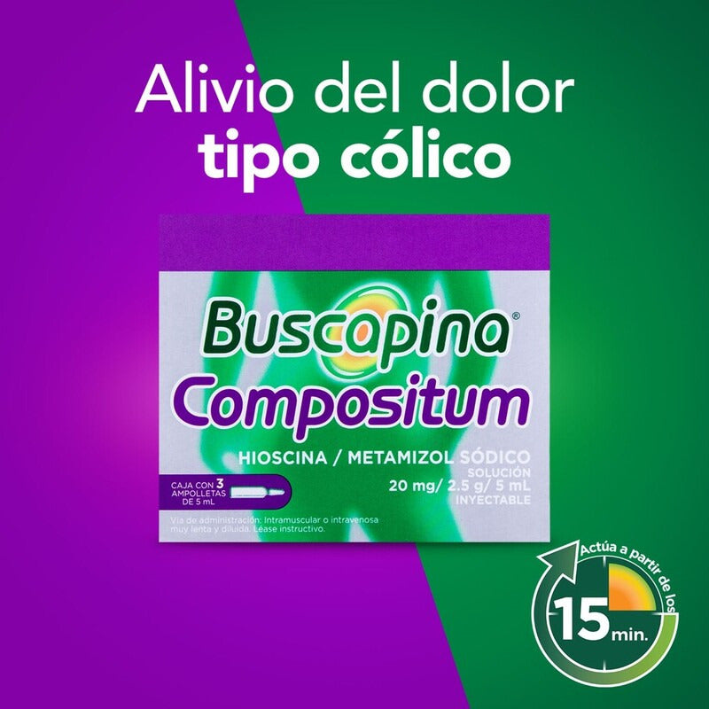 Buscapina Compositum Solución Inyectable 3 Ampolletas De 5 Ml. Con Hioscina Y Metamizol Sódico. Venta Con Receta Médica