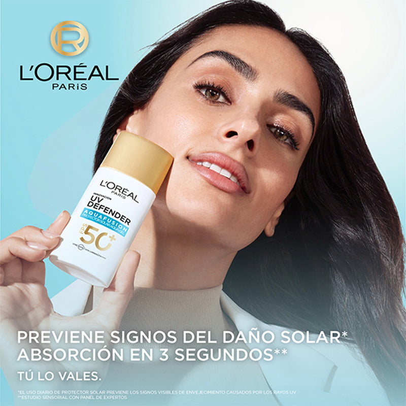 L'oréal Paris Uv Defender Aquafusion Protector Solar Diario Fps50+, Protector Solar Aqua-gel, Previene Manchas Solares Y Arrugas, Absorción Rápida En 3 Segundos, 50ml