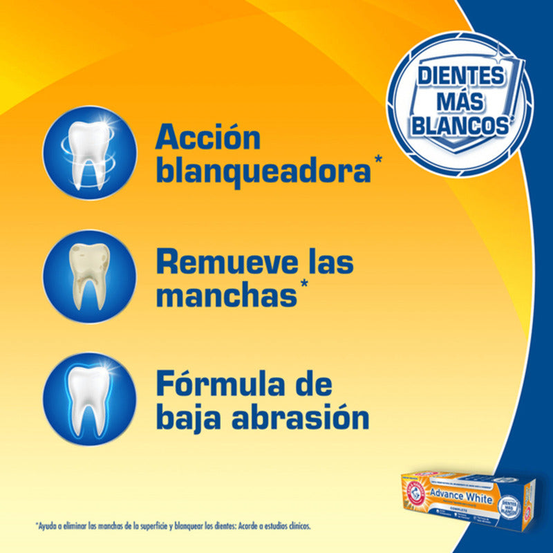 Arm & Hammer Pasta Dental Advance White Complete 121 G. Acción Blanqueadora Que Remueve Las Manchas, Con Bicarbonato De Sodio Y Peróxido. Aliento Fresco Duradero, Sabor Menta