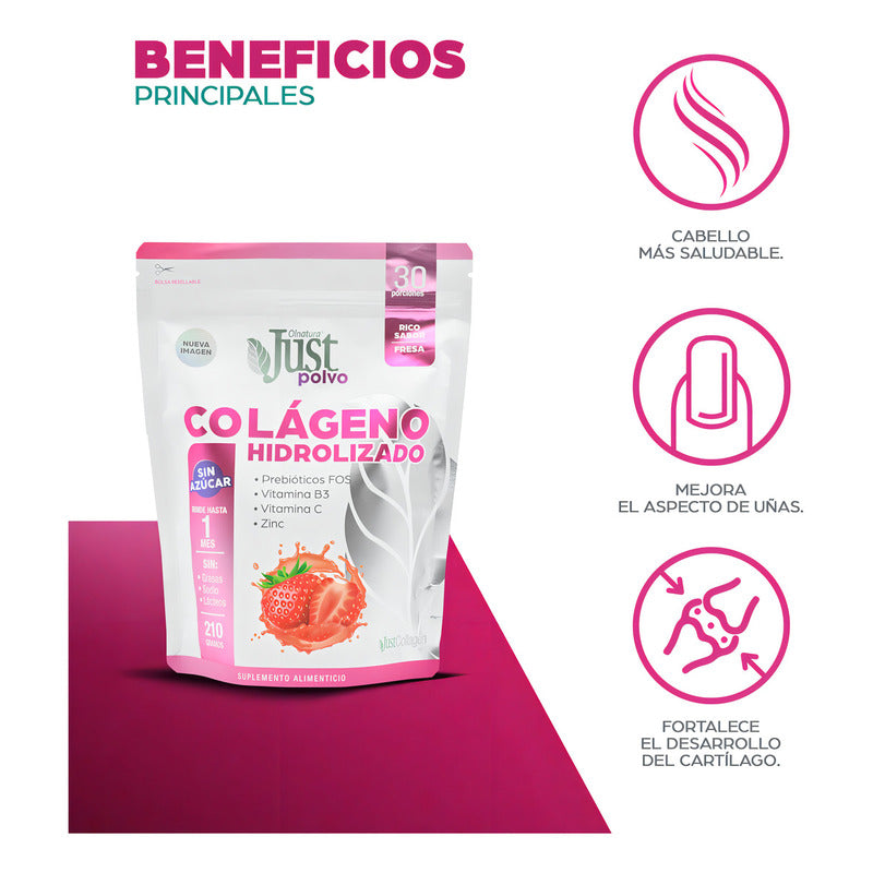 Just Colágeno Hidrolizado Collagen 6000 En Polvo Sabor Fresa Frutilla