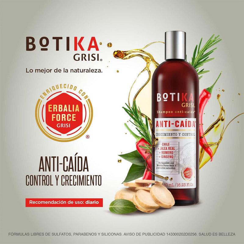 Botika Shampoo Anticaída Grisi - Shampoo Libre De Sulfatos Y Parabenos, Natural Con Jalea Real, Romero, Ginseng Y Vitaminas - Previene Caída De Cabello Y Fortalece El Pelo - 480 Ml