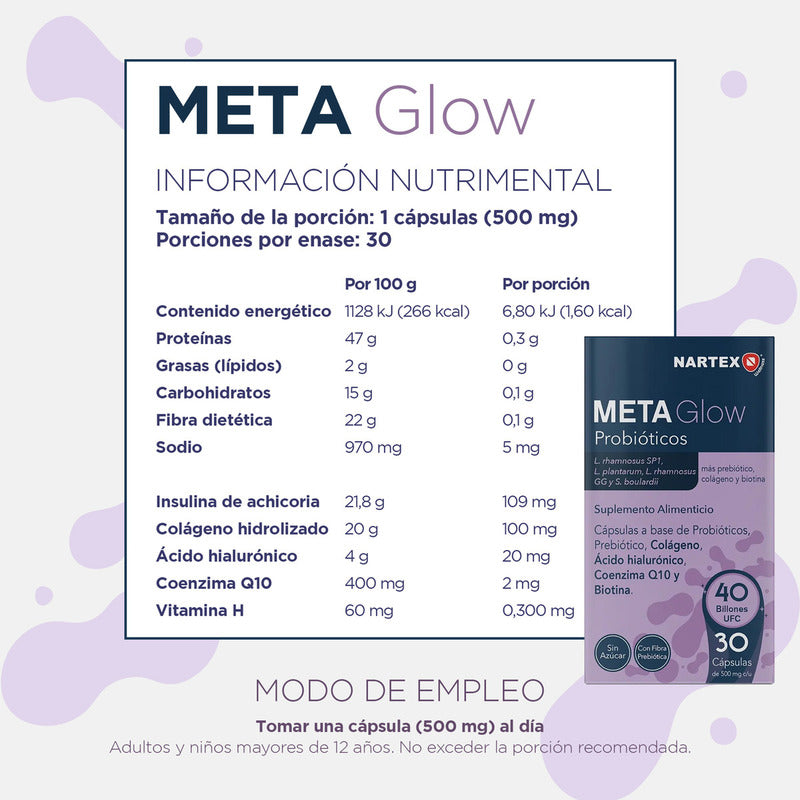Meta Glow 30 Caps Nartex Wellness Con Probióticos, Colágeno Y Ácido Hialurónico Sin Sabor Para Piel Sana, Salud Digestiva Y Bienestar Integral