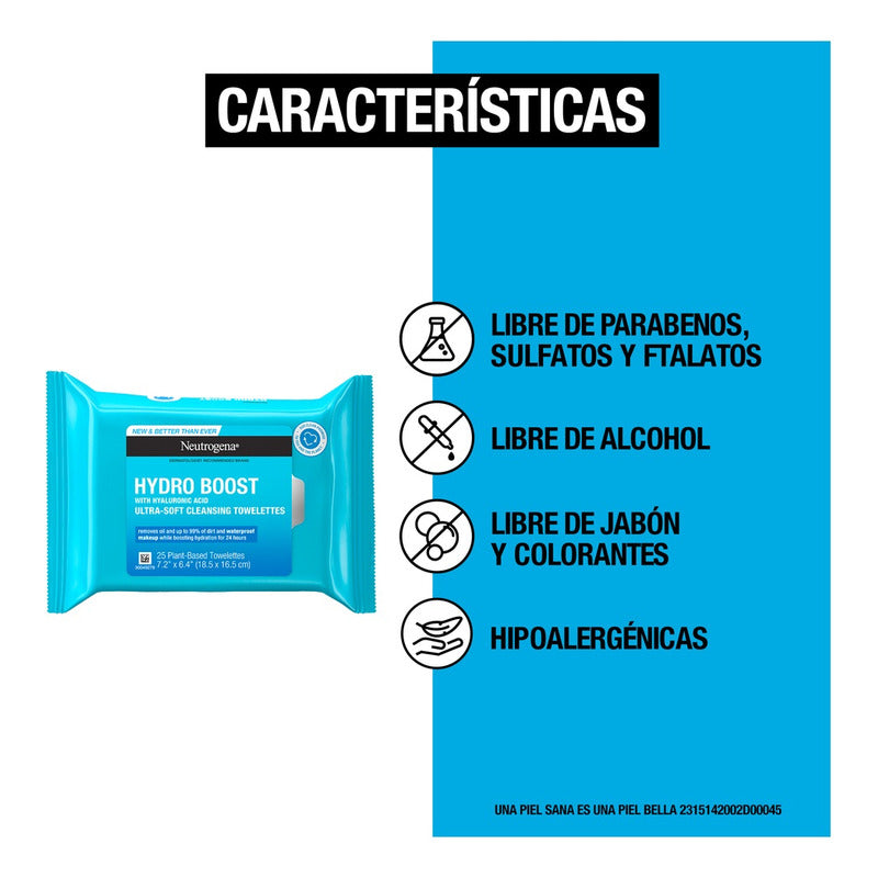 Neutrogena Hydro Boost Toallitas Limpiadoras Hidratantes, 25 Pzs, Todo Tipo De Piel