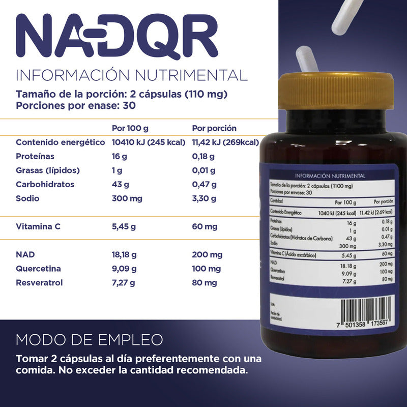 Nad+ Resveratrol, Vitamina C, Quercetina Y Prebióticos 60 Cápsulas 550mg Sin Sabor By Nartex Labs