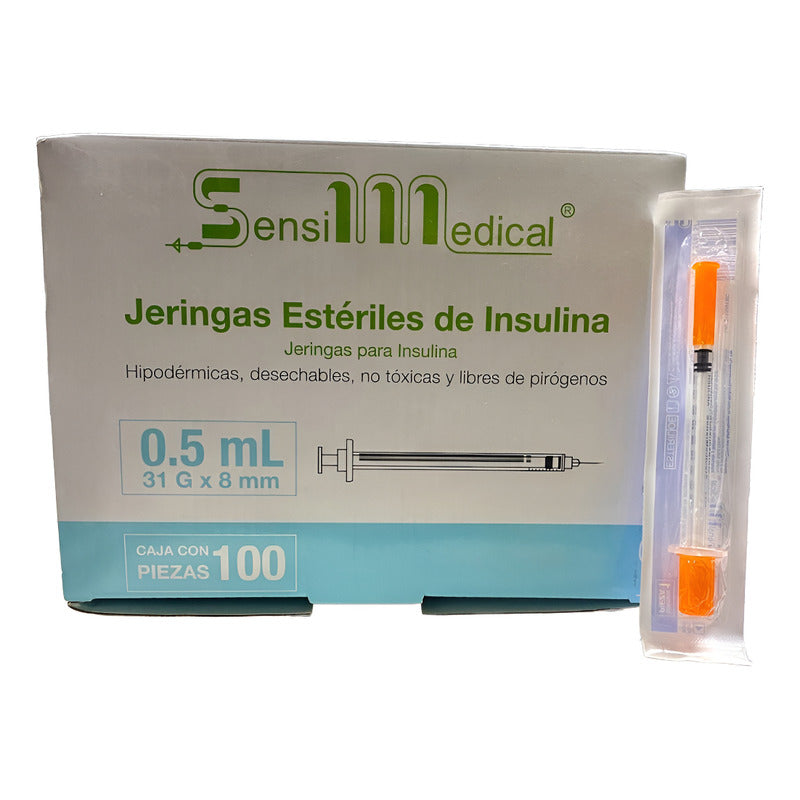 100 Jeringas Para Insulina Sensimedical 31g X 8mm 0.5ml Capacidad En Volumen 0.5 Ml