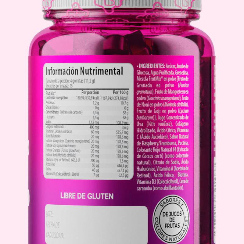 Belabear Ácido Hialurónico 60 Gomitas Fruit Mix Solanum Granada, Mangosteen, Noni, Goji, Colágeno. Frambuesa