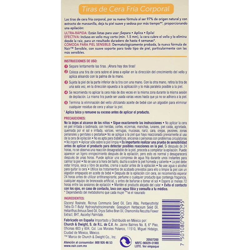 Nair Sensible Tiras De Cera Fría Corporal 36 Piezas