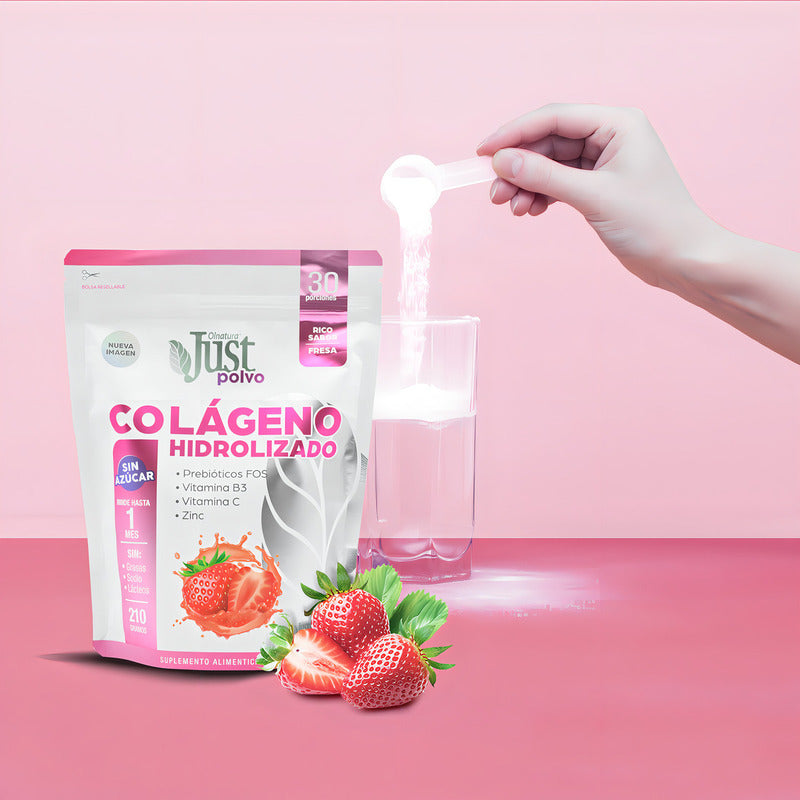 Just Colágeno Hidrolizado Collagen 6000 En Polvo Sabor Fresa Frutilla