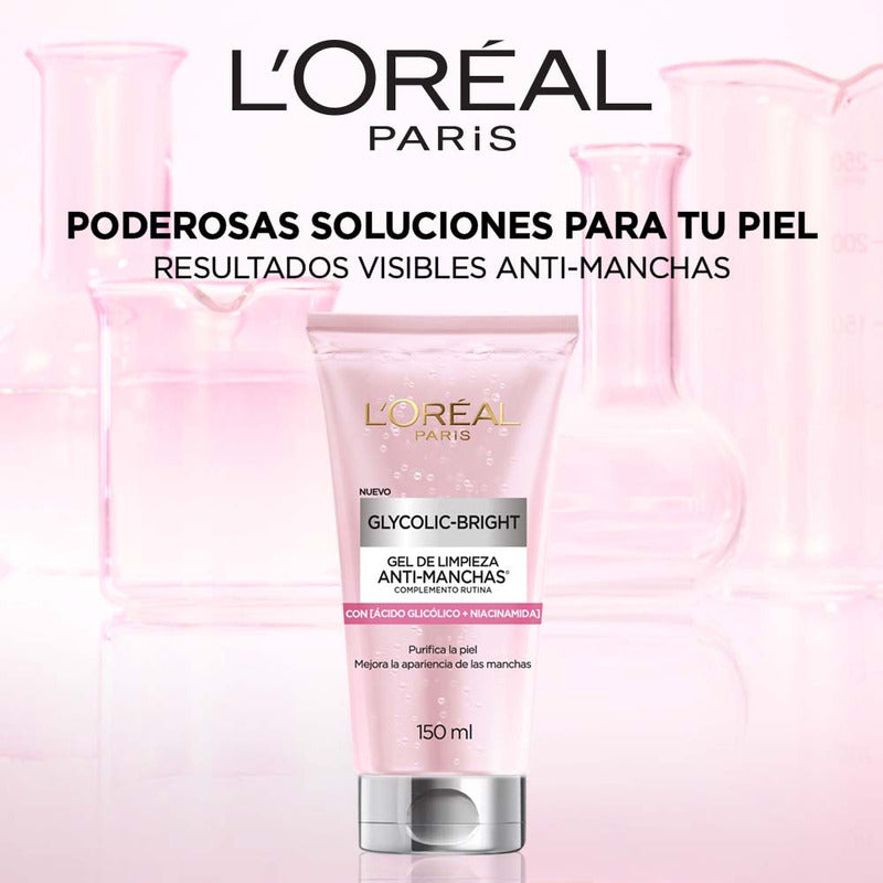 L'oréal Paris Glycolic Bright Gel De Limpieza Profunda Anti Manchas, Con Ácido Glicólico Y Niacinamida, Reduce Y Previene Todo Tipo De Manchas, 150 Ml.