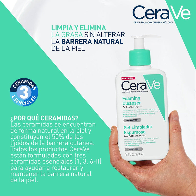Gel Cerave Limpiador Espumoso Piel Normal A Grasa Sin Perfume De 473 Ml Día Y Noche