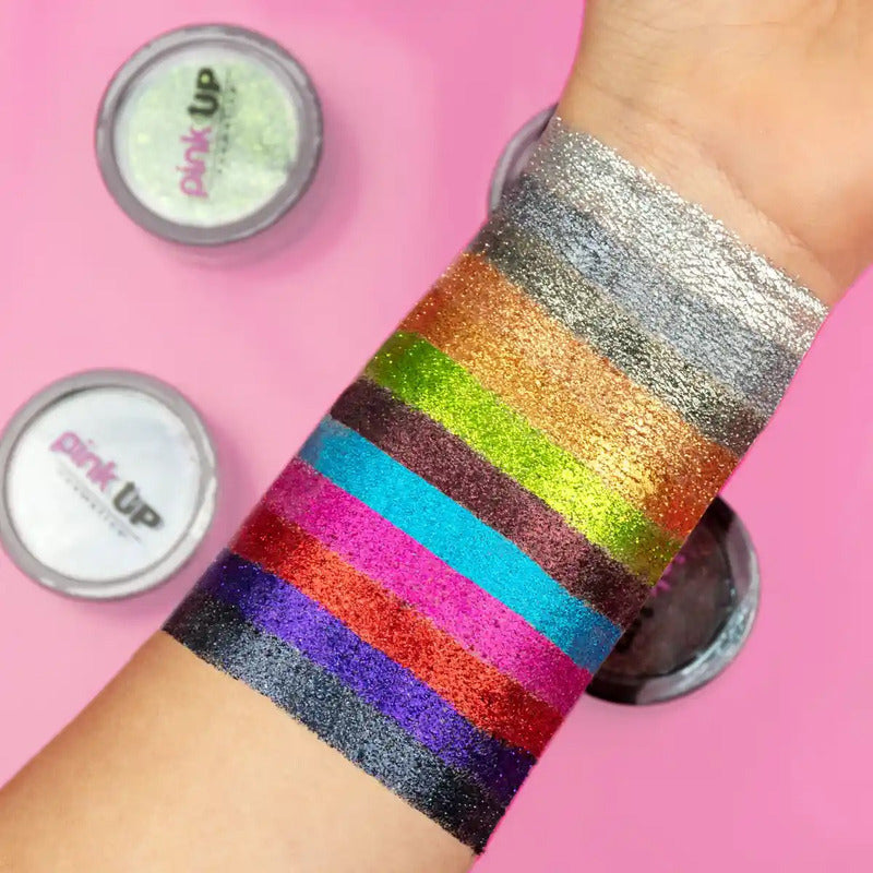 Pink Up, Glitter Compacto, Alta Adherencia, Textura Suave Color Metal