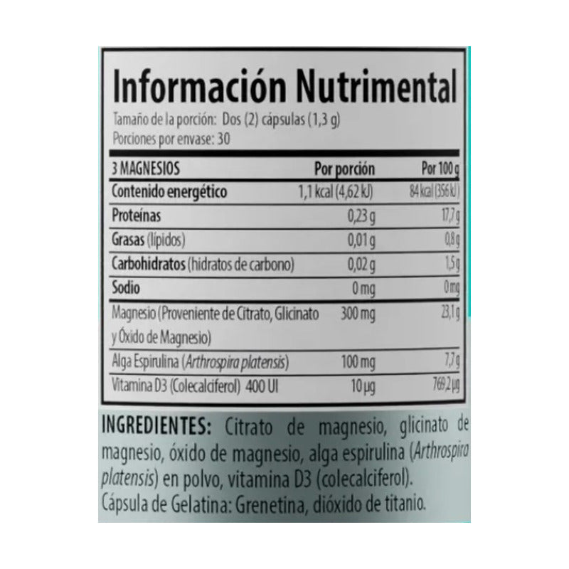Solanum 3 Magnesios Con Espirulina Y Vitamina D3 60 Caps Sabor Sin Sabor