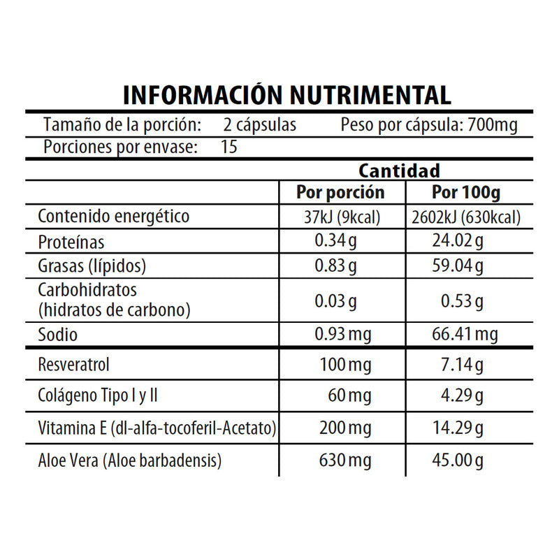 Resveratrol Aloe Vera + Vitamina E Y Colageno Tipo L Y Ll Naturagel 30 Capsulas, Suplemento Alimenticio