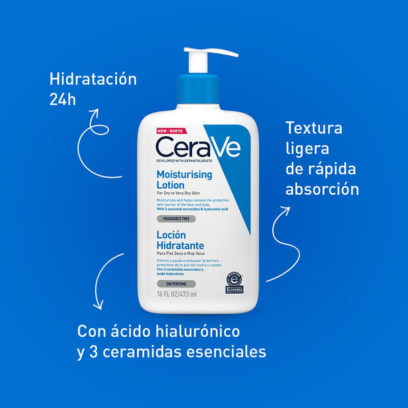 Cerave Loción Hidratante |473ml| Loción Hidratante Corporal Sin Perfume Para Rostro Y Cuerpo, Piel Seca A Muy Seca Con Ácido Hialurónico