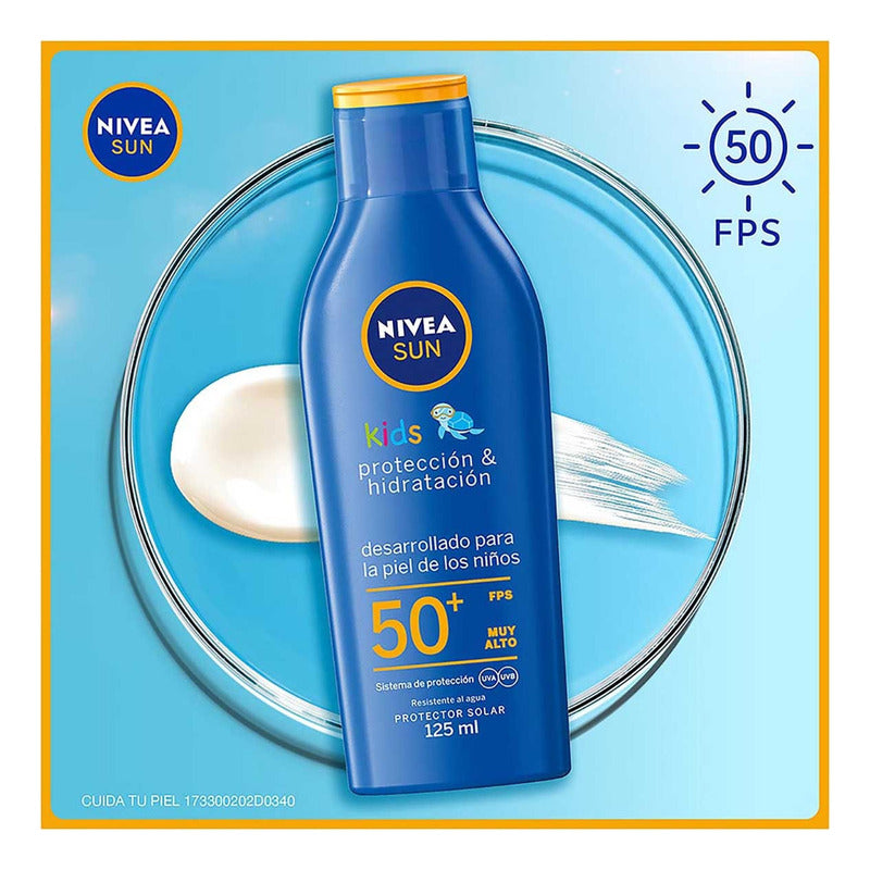 Nivea Sun Kids Protector Solar Corporal Protect & Moisture (125 Ml), Loción Solar No Grasosa Ni Pegajosa Ideal Para La Piel Sensible De Los Niños Fps 50+ Resistente Al Agua