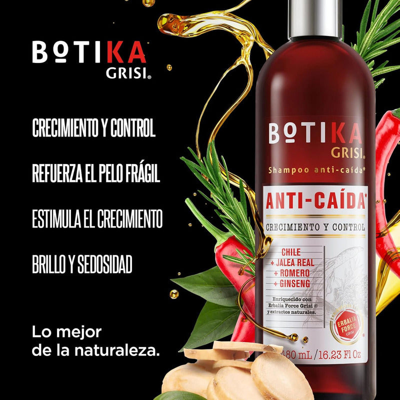 Botika Shampoo Anticaída Grisi - Shampoo Libre De Sulfatos Y Parabenos, Natural Con Jalea Real, Romero, Ginseng Y Vitaminas - Previene Caída De Cabello Y Fortalece El Pelo - 480 Ml