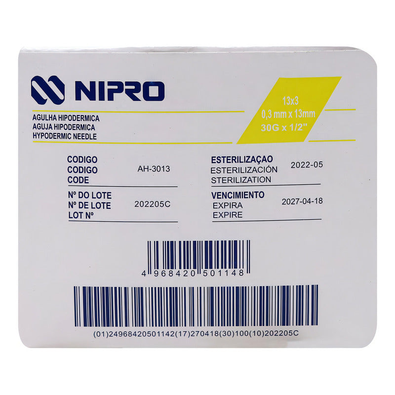 Aguja Hipodermica 30g X 1/2 (13mm) Caja Con 100 Pz Nipro Capacidad En Volumen 13 Ml