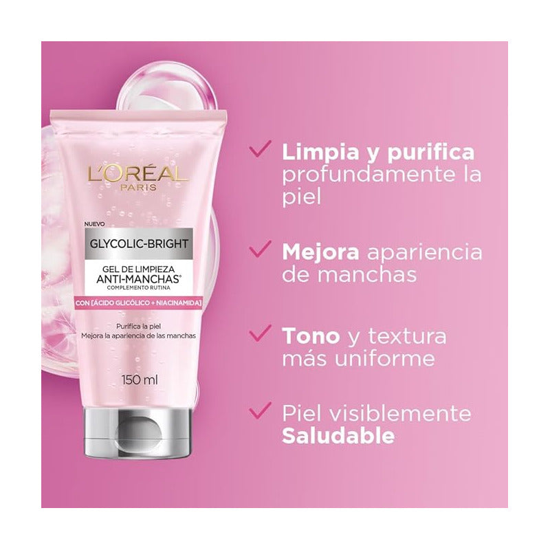 L'oréal Paris Glycolic Bright Gel De Limpieza Profunda Anti Manchas, Con Ácido Glicólico Y Niacinamida, Reduce Y Previene Todo Tipo De Manchas, 150 Ml.