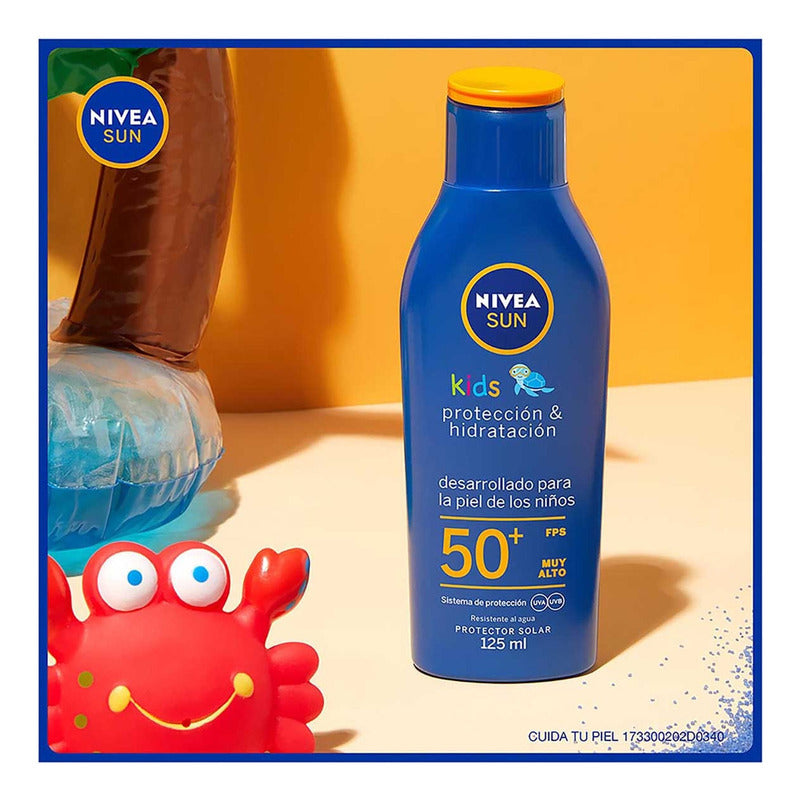 Nivea Sun Kids Protector Solar Corporal Protect & Moisture (125 Ml), Loción Solar No Grasosa Ni Pegajosa Ideal Para La Piel Sensible De Los Niños Fps 50+ Resistente Al Agua