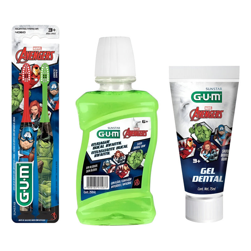 Kit Gum Advengers Pasta Dental 75ml + Cepillos+enjuague250ml