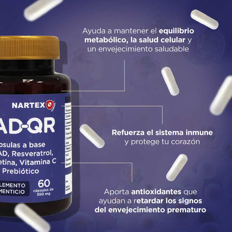 Nad+ Resveratrol, Vitamina C, Quercetina Y Prebióticos 60 Cápsulas 550mg Sin Sabor By Nartex Labs