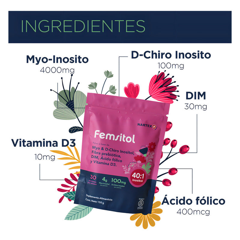 Femsitol Myo Inositol Y D-chiro Inositol 150g (30 Porciones) Nartex Suplemento Mujer Balance Hormonal, Piel Sana Y Síndrome De Ovario Poliquístico