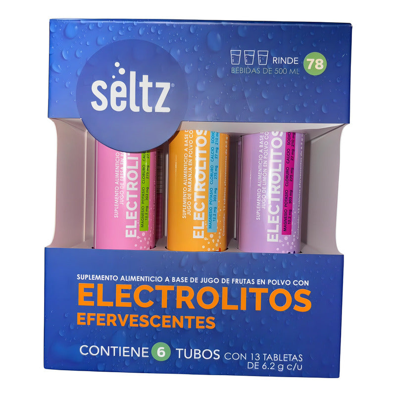 Pack Mix 6 Tubos De Electrolitos Efervecentes Seltz C/13 Tbs Sabor Naranja/fresa/limón