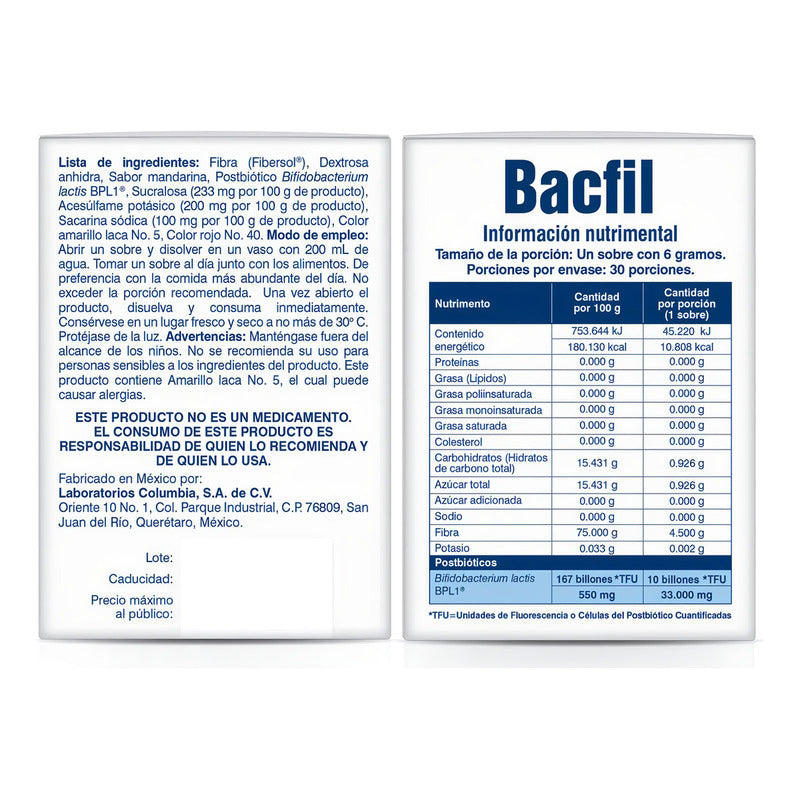 Bacfil Polvo Sabor Mandarina 30 Sobres Antiaterom