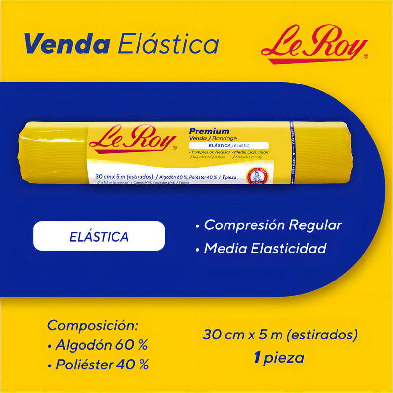 Venda Elastica Premium Le Roy Media Compresión Para Heridas 30cm X 5m - 1 Pieza