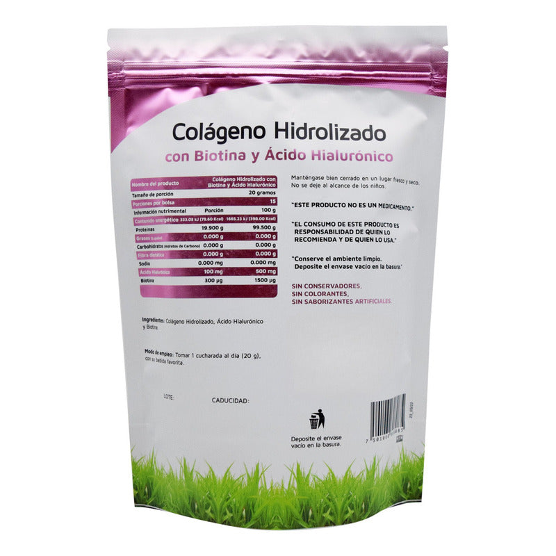 Colágeno Hidrolizado Puro, Biotina, Acido Hialurónico 300gr Sabor Sin Sabor