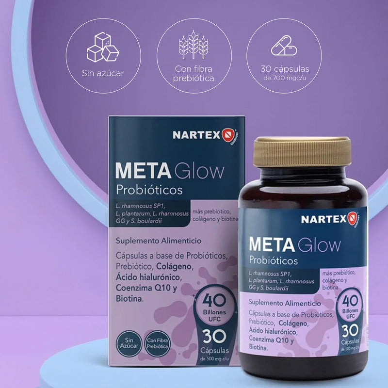 Meta Glow 30 Caps Nartex Wellness Con Probióticos, Colágeno Y Ácido Hialurónico Sin Sabor Para Piel Sana, Salud Digestiva Y Bienestar Integral