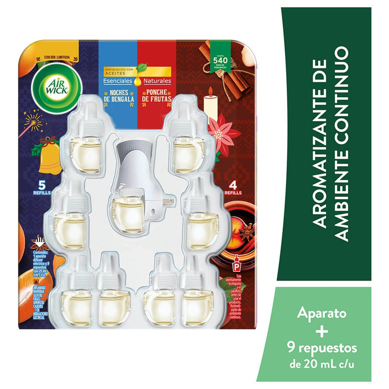Air Wick® Aromatizante Eléctrico, Noches De Bengala & Ponche Navideño, 1 Difusor + 9 Repuestos De 20 Ml C/u