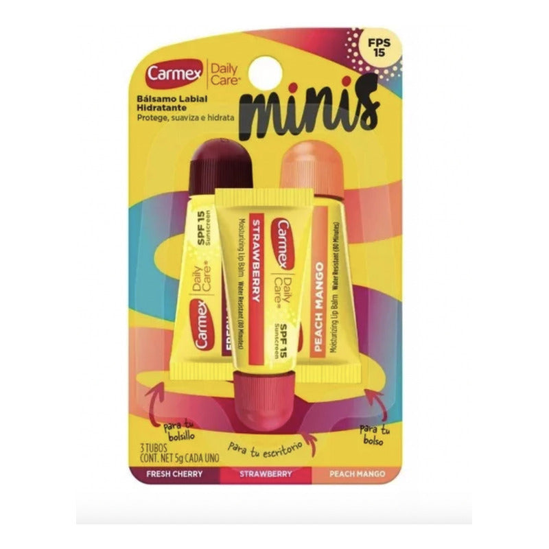 Bálsamo Labial Carmex Minis 3 Tubos Fresa, Cereza, Mango 5 G