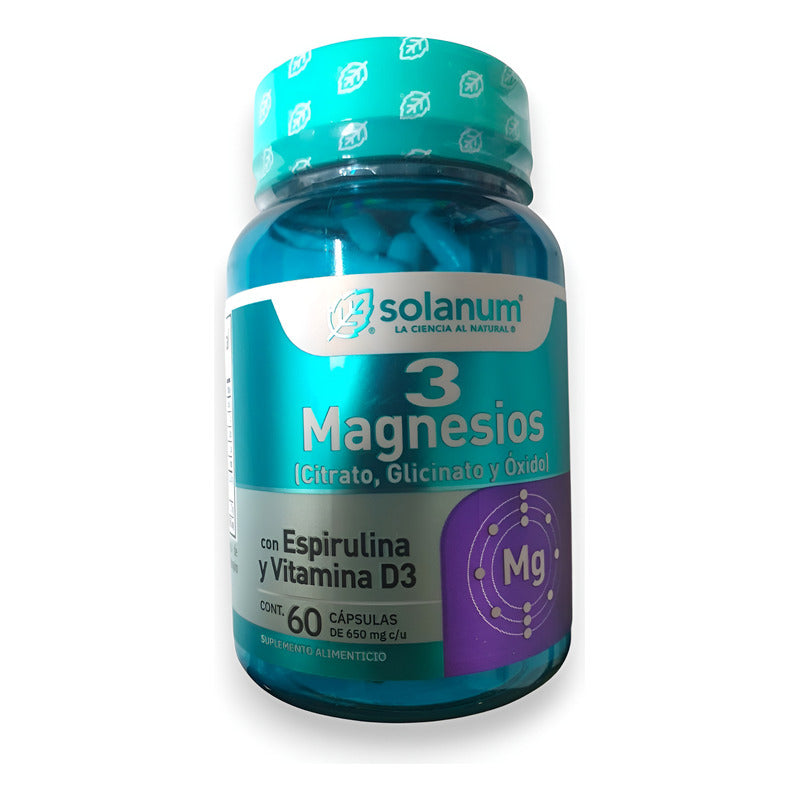 Solanum 3 Magnesios Con Espirulina Y Vitamina D3 60 Caps Sin Sabor