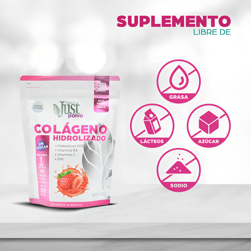 Just Colágeno Hidrolizado Collagen 6000 En Polvo Sabor Fresa Frutilla