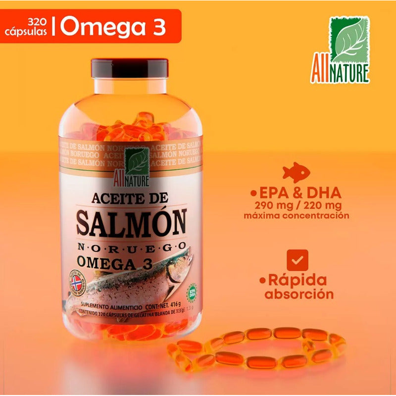 Aceite De Salmón Noruego Omega 3 All Nature 320 Cápsulas Sin Sabor