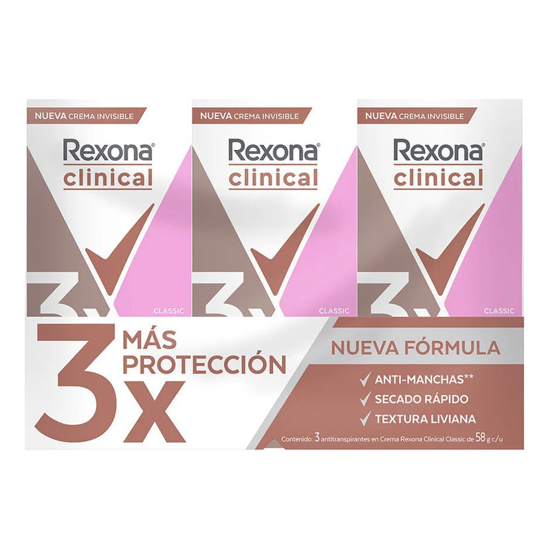 Antitranspirante En Crema Rexona Woman Clinical Classic Paquete De 3 piezas De 58 G C/u