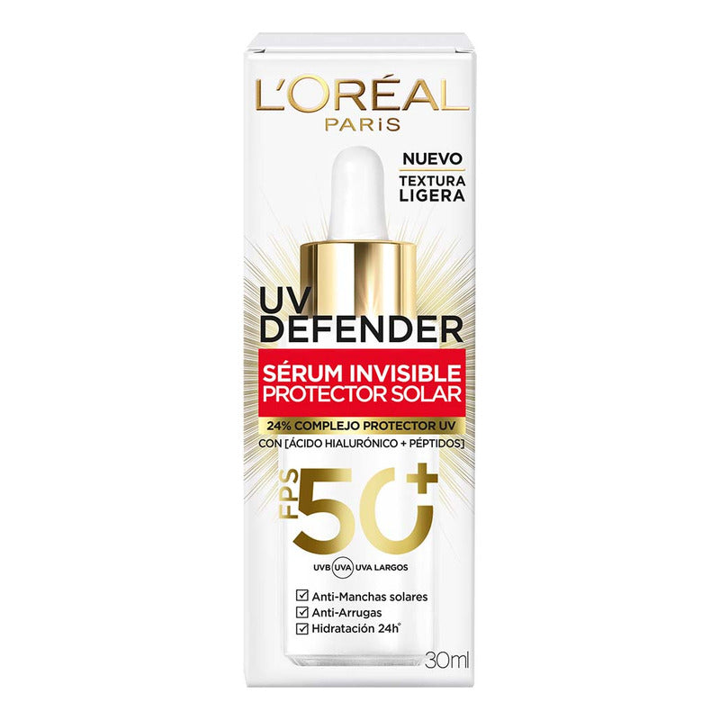 L'oreal Paris Uv Defender Sérum Invisible Protector Solar Diario Fps50+ Protege De Los Rayos Uv, Anti Manchas Y Previene Líneas De Expresión, 30ml.