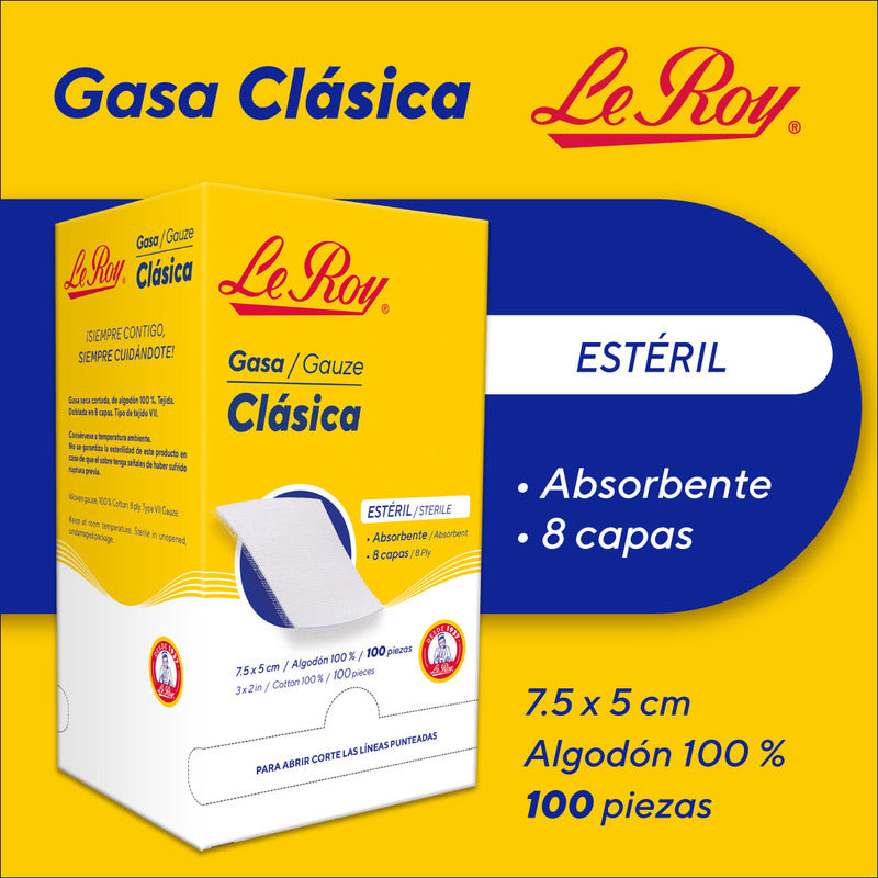 Gasa Leroy Estéril 8 Capas 7.5x5 Cm Caja 100 Unidades Algodón