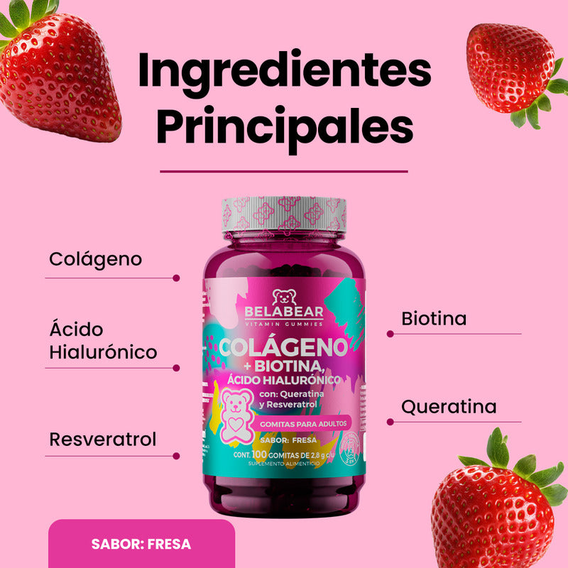 Belabear Colágeno + Biotina Y Ácido Hialurónico 100 Gomitas Sabor Fresa