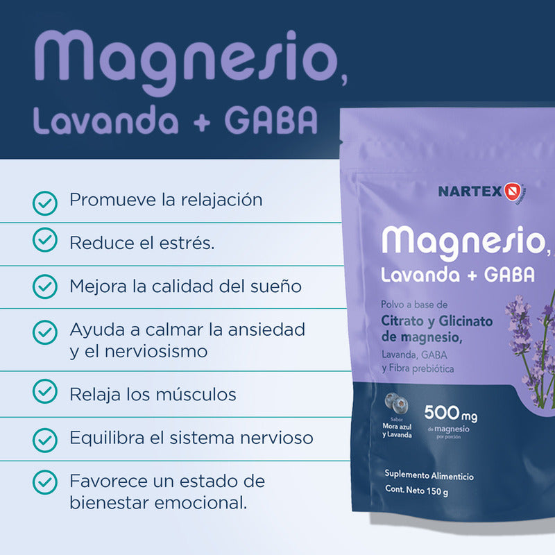 Magnesio En Polvo 150g Nartex Wellness Sabor Mora Azul Con Citrato, Glicinato, Gaba Y Lavanda Suplemento Relajante Natural Para Estrés, Sueño Y Sistema Nervioso