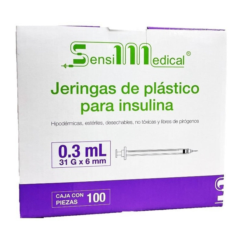 100 Jeringas Para Insulina Sensimedical 31g X 6mm 0.3ml Capacidad En Volumen 3ml